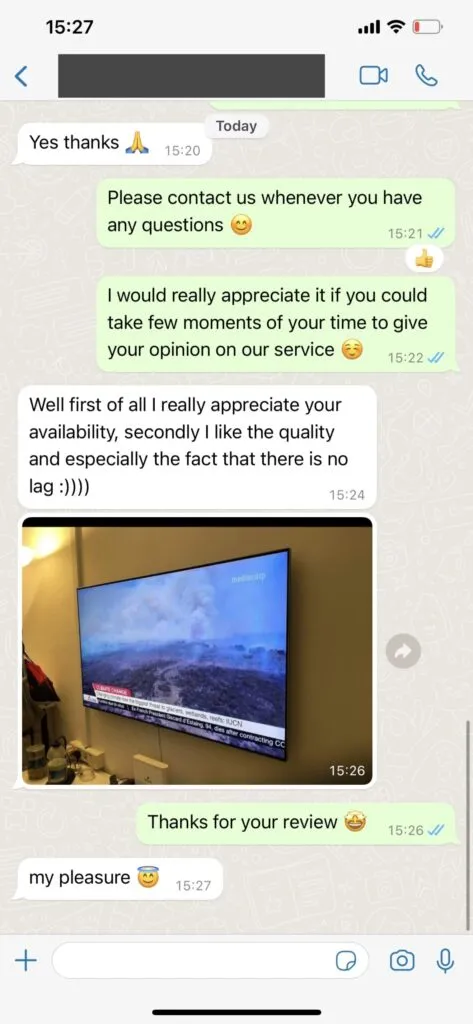 WhatsApp chat proof showing quick renewal and customer satisfaction on stunter iptv