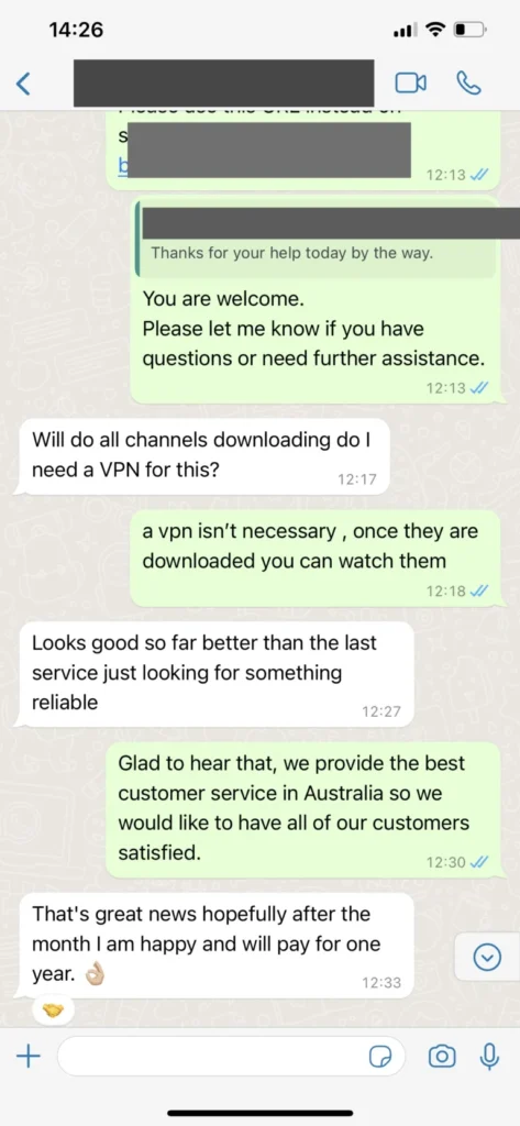 Customer feedback on WhatsApp praising 4K sports stream quality on stunter iptv